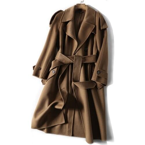 Vintage Elegant Women Winter Camel Wool Cashmere Coats Long Sleeve Classic Turn-Down Collar Female Outerwear Winter Wool Coat