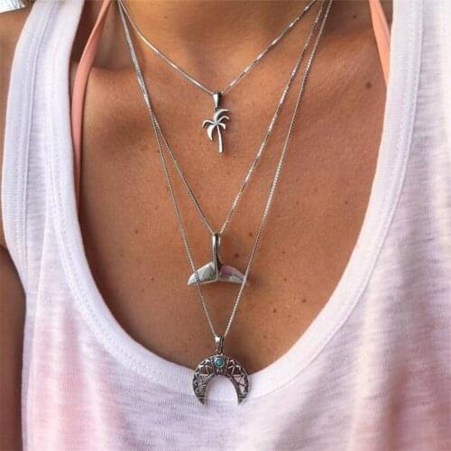 3 Pcs/Set Boho Moon Fishtail Coconut Tree Gem Multilayer Chain Pendant Silver Color Necklace Set Women Exquisite Beach Jewelry