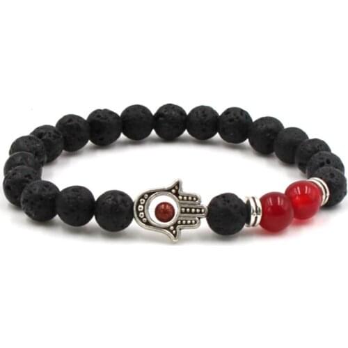 8mm Hand bj4 Eye silver ball black stone volcanic lava nature black stone red agate Onyx Bracelet Reiki Chakra Fashion