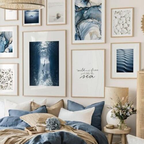 Diving Couple Beach Seashell Dolphin Abstract Blue Wall Art Print Canvas Painting Nordic Poster Decor Picture For Living Room