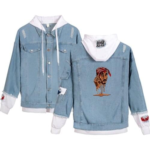 New Men Women Rapper 2pac Denim Jacket Tupac Amaru Shakur Hooded Outwear Cowboy Denim Jacket Boy Trendy Cool Jean Jackets Tops
