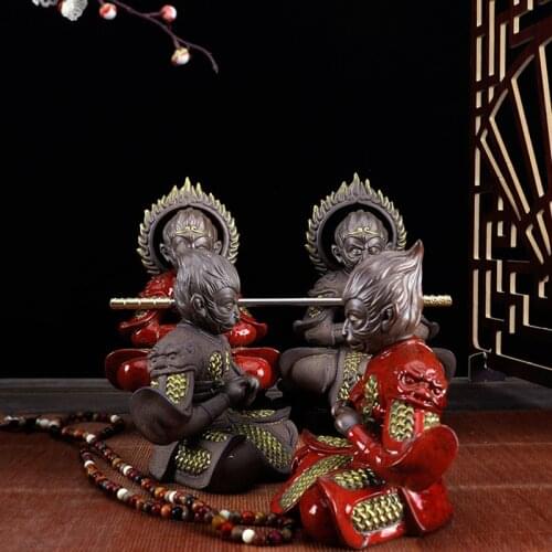 Ceramic Monkey King Statue， Zisha Retro Monkey King handmade sculptures ，Home decoration ornaments fish tank landscaping
