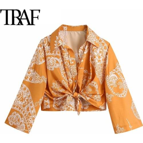 TRAF Women Fashion With Knot Printed Crop Blouses Vintage Three Quarter Sleeve Female Shirts Chic Tops