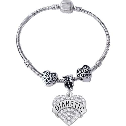 New hot heart-shaped crystal inlaid metal DIABETIC pendant European big hole beads bangle dropship