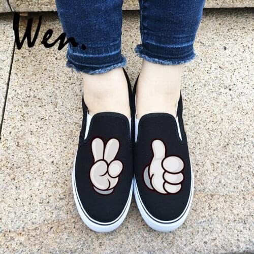 Wen Original Hand Gestures Praise And Victory Unisex Design Canvas White Black Sneakers Slip On Plimsolls Lover Couple Shoes