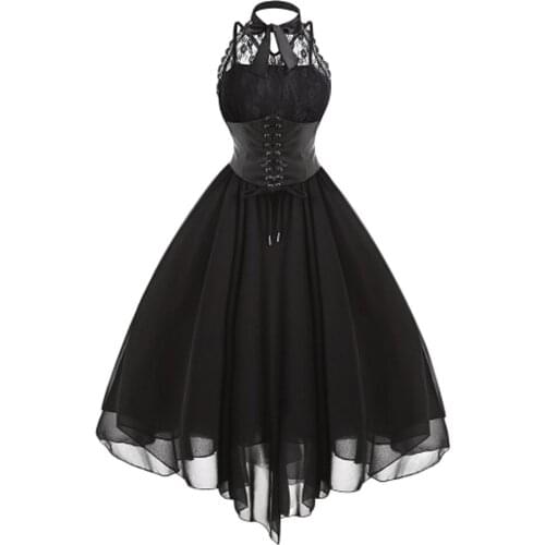 Women Gothic Corset Dress Summer Vintage Victorian Steampunk Lace-Up Adjustable Waist Party Lolita Dress Goth Punk Black Dresses