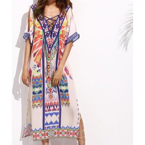 Beach Cover up Print Ethnic Kaftan Beach Cover ups Ladies Saida de Praia Beach Dress Swimwear Tunic Women Robe de Plage #Q260
