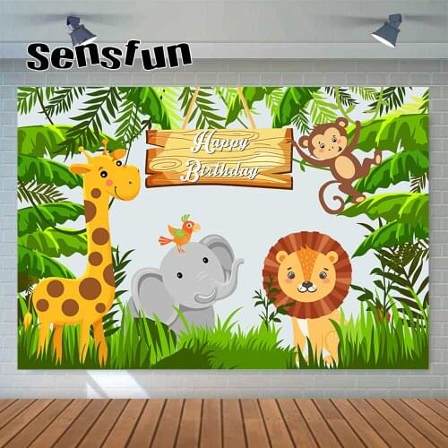 Sensfun Safari Jungle Party Backdrop Green Baby Animals Elephant Lion Deer Monkey Kids 1st Birthday Photography Background