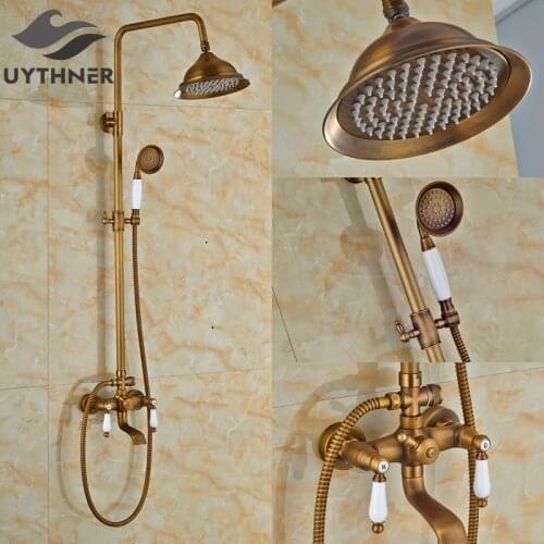 Newly Antique Brass Shower Set Faucet 8" Rain Shower Mixer Faucet Tap w/ Hand Sprayer Wall Mount Dual Handles