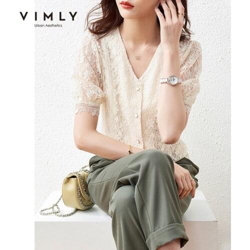 VIMLY Summer Lace Blouse Office Lady Elegant V Neck Button up Shirt Womens Short Sleeve Loose Tops Female Blouses F7309