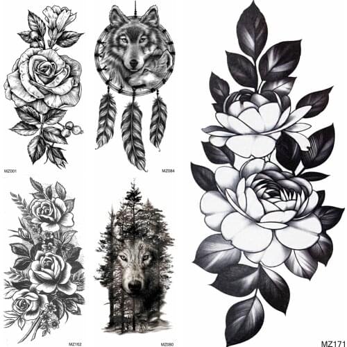 Black Flower Temporary Tattoos Fake Wolf Dreamcatcher Forest Tattoos For Party Holiday Women Men Body Art Chest Arm Tattoo Decal