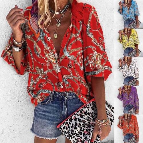 Woman Shirt Fashion Personality V-Neck Floral Print 3/4 Sleeve Shirt Loose Top Polyester Material Different Models футболка 40