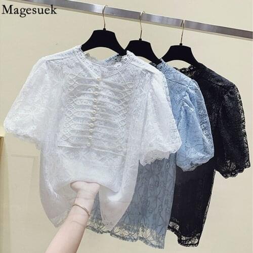 Vintage French Lace Blouse Elegant Embroidery Short Sleeve Women Shirt 2021 Summer Palace Style Beading Mesh Stitching Top 15001