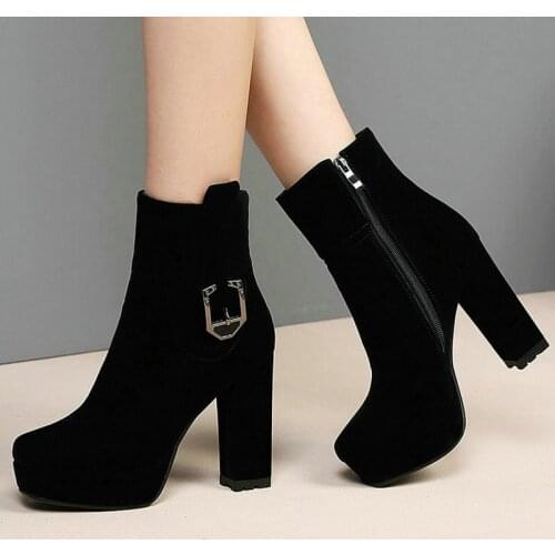 2021 Women Ankle Boots Platform Square High Heel Ladies Short Boots Faux Suede Round Toe Womens Boots Side Zipper Shoes Black