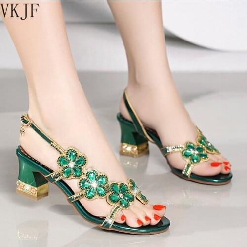 Womens Summer 2021 Thick Heel Womens Soil Sandals New Fashion All-match Rhinestone Womens Fish Mouth Sandals Heels Women