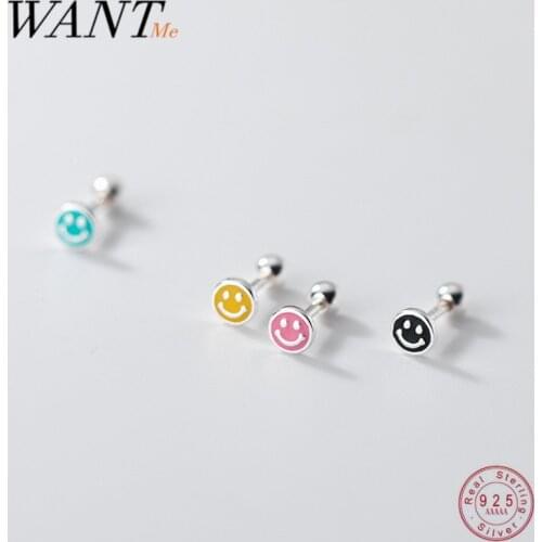 WANTME 925 Sterling Silver Enamel Round Lucky Smile Stud Earrings for Women Fashion Simple Korean Expression Piercing Jewelry