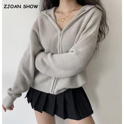Harajuku Oversized Hooded Cardigan Women Retro Zipper Long Sleeve Knitting Sweater Vintage Loose Jumper Casual Knitwear