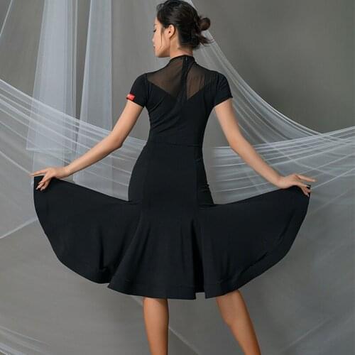 Latin Dance Dress Short Sleeve Black Mesh Joint Sexy Summer Women Dance Costumes Professional Practice Dance Outfit Female L9632