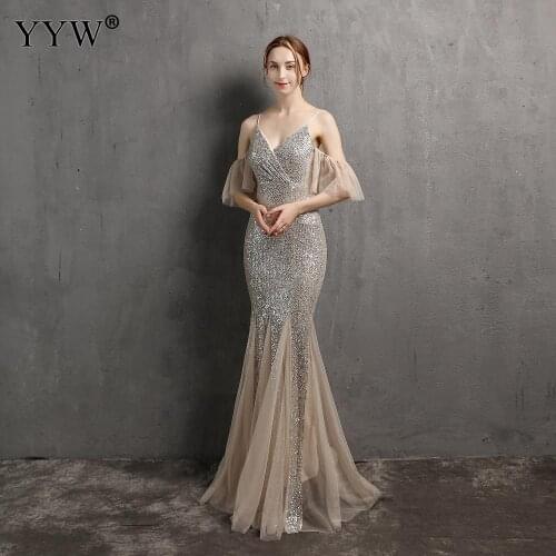 New Sexy V Neck Transparent Long Eveing Dress Sequined Bodycon Mermaid Evening Gown Backless Femme Vestidos Robe De Soiree