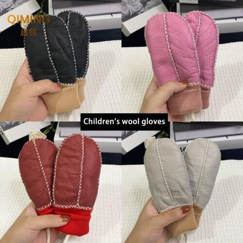 Winter Outdoor warm Girls Mittens for Boys Kids Real Sheep Fur Manual Warm Gloves Childrens Sheepskin Leather Gloves Guantes #6