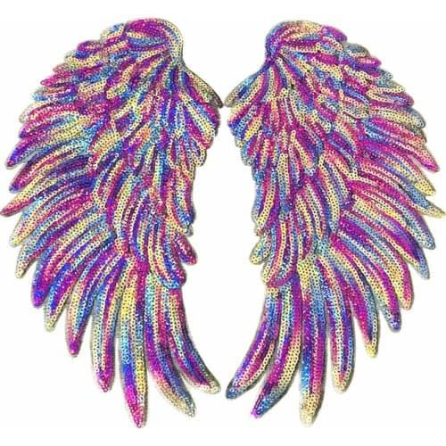 1Pair Beauty Rainbow Feather wing Sequin Appliques Embroidered Patch Dreamy Sew Iron On Patches Embroidered Badges DIY Clothes