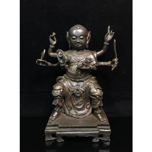 13" Tibet Buddhism Temple Old Bronze Nezha Third Prince Zensheng Boy Statue Three heads, nine eyes and eight arms Nalakubara
