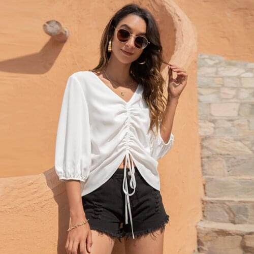 2021 Ladies Summer New V-neck Casual Fashion Drawstring Three-quarter Sleeve Chiffon Shirt Trendy Wild Loose Top Personality