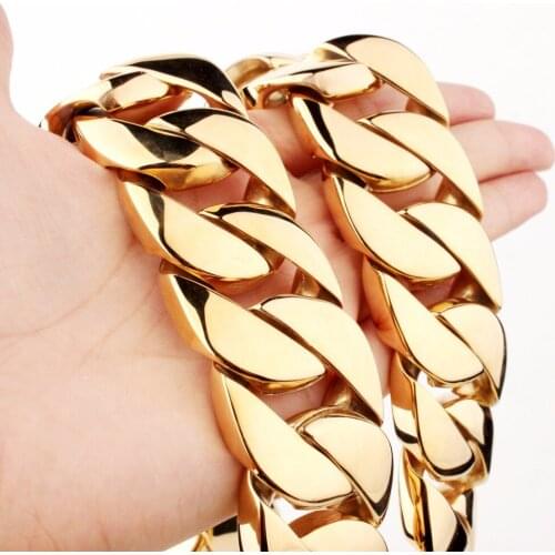 31mm High Class Yellow Gold Stainless Steel Top Polishing Cut Cuban Link Miami' Chain Strong Mens Necklace 8-40inch