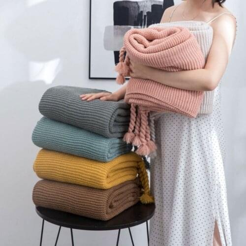 Acrylic Chunky Knitted Throw Blanket Braided Tassels Solid Color Nap Shawl Cover