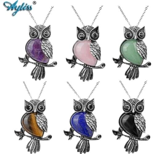 Ayliss Owl Necklace Pendant for Women Natural Gem stone Healing Crystal Animal Chakra Pendant Necklaces Pink Quartz Pendant
