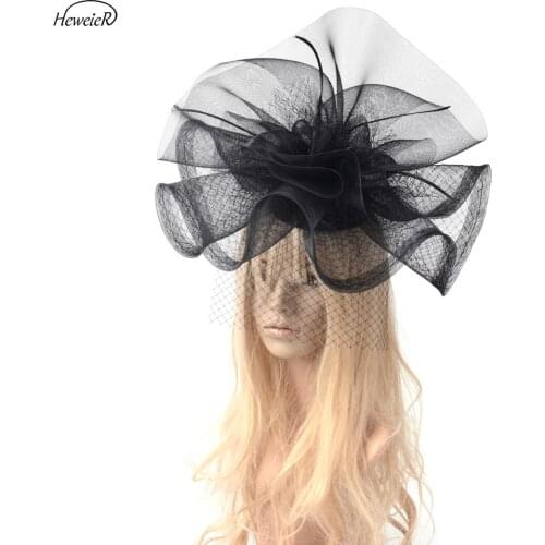 Large Black Fascinator Hat Races Cocktail Party Headwear Women Ladies Handmade Hair Clips
