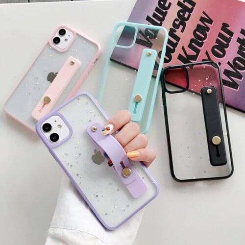 Glitter Star Wrist Strap Hand Band Phone Case For iPhone 12 11 Pro Max X XR XS Max 7 8 Plus Transparent Soft Shockproof Cover