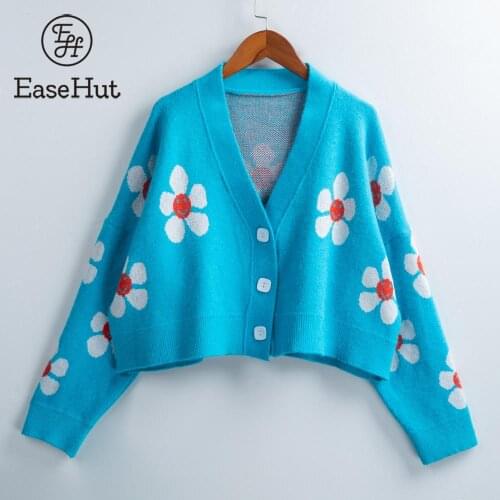 EaseHut Short Autumn Cardigans For Women Drop Shoulder Cute Flower Knit Sweaters Button Long Sleeve Loose Coat Casual Outwear