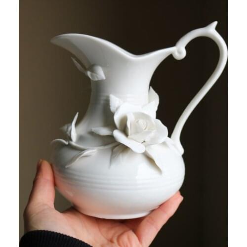 European milk white French retro handmade rose relief small mouth milk pot / household floret