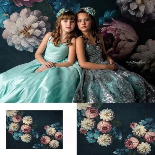 Old Master Themed Children Portrait Backdrop for Photo Studio Vintage Flowers Blue Background Artistic Photos Supplies Props