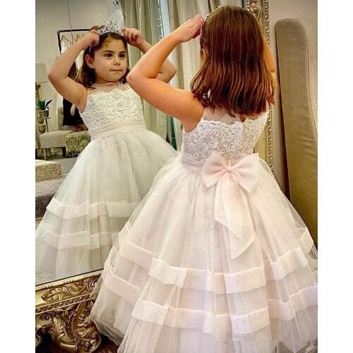 Custom Made Princess White Lace Flower Girl Dresses Lovely Ball Gown Party Wedding Girls Dresses