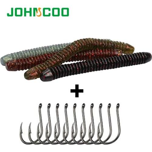 JOHNCOO 6pcs Noodle Soft Bait 10pcs Hooks Wacky Fishing Maggot 10.5cm 6.7g Artificial Bait Fishing Lure Soft Plastic Worm Lures