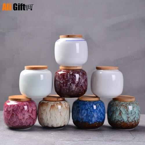 Mini Ceramic Retro Fission Color Celadon Storage Jar Seglaze Kiln Turned Tea Jar White Porcelain Bamboo Lid High Airtight Jar