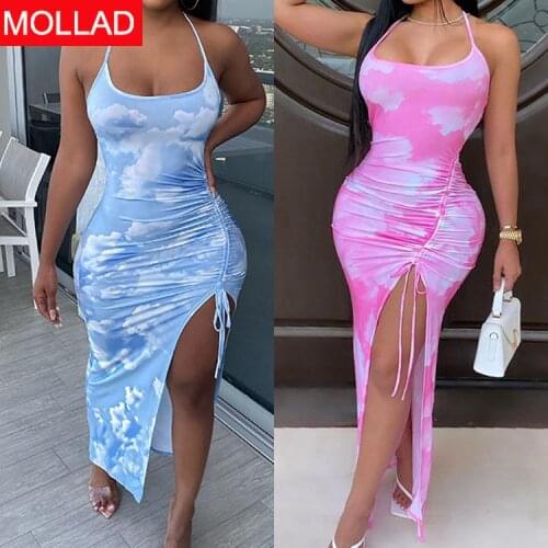 Summer 2021european and American Dress Tie-Dyed Printed Drawstring Sexy Slit Dress Slim Dress Long Dress