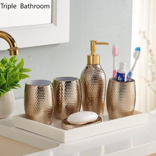 Simple Gold Plated Resin Bathroom Accessories Set Supplies Gargle Cup Soap Dish Soap Dispenser Toothbrush Holder Wedding Gifts