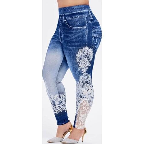 Faux Denim Skinny Pants Women Plus Size Casual Printed Leggings Trousers Ankle-Length Daily Sport Pants Stretch Trousers A20