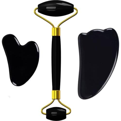 Obsidian Facial Jade Roller Gua Sha Scraper Massager Set Natural Black Crystal Stone Body Guasha Massage Face Skin Care Tools