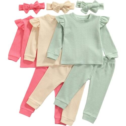 Kids Baby Girls Casual Three-piece Clothes Set, Solid Color Pullover, Pants and Headdress, Pink/ Green/ Apricot 6M-4Y