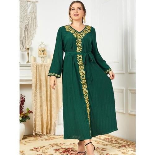 Dubai Luxury Kaftan Long Dress Plus Size Women Arab Ethnic Muslim Fashion Green Embroidery Ruched Dresses