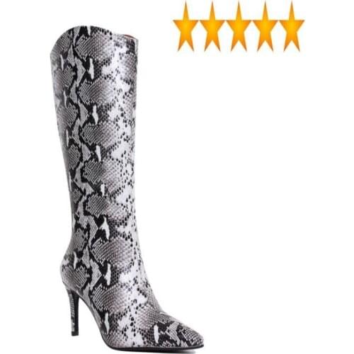Knight Luxury Runway Snake Pattern Women Slip On Pointed Toe Stiletto Knee Boots Brand Fashion Ladies High Heel Shoes