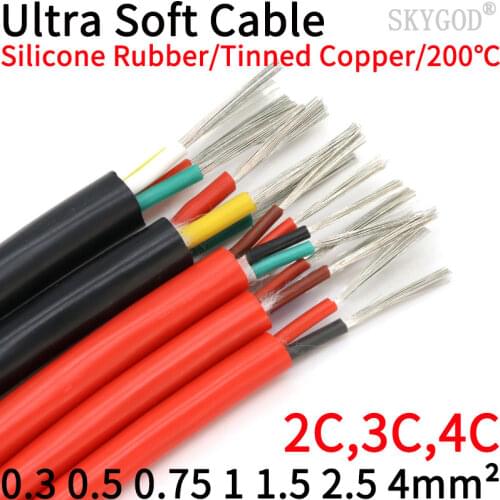 Square 0.3 0.5 0.75 1 1.5 2 2.5 4mm Ultra Soft Silicone Rubber Cable 2 3 4 Cores Insulated Flexible Copper High Temperature Wire
