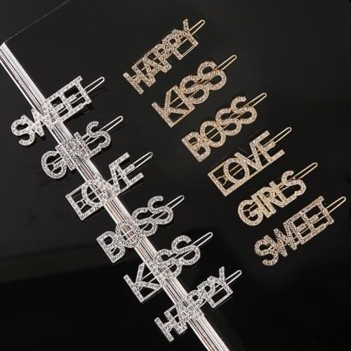 Rhinestones Metal Letters Barrette Hair Pins Hairgrips for Women Hairpin Frog Clips Female Headdress Hair Accessories