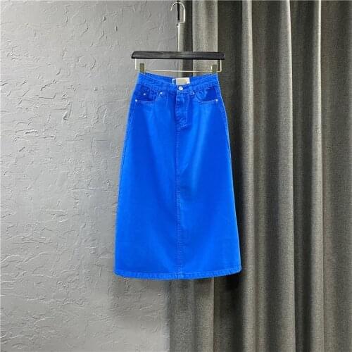 2021 new Korean womens high waist medium length dark blue straight skirt with buttocks, foreign style denim skirt, summer dress