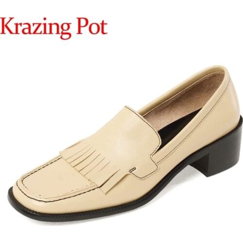 Krazing Pot genuine leather square toe med heels vintage tassel Britsh school solid dating preppy style slip on women pumps L33
