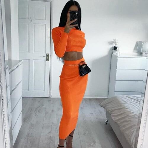 BKLD Autumn 2019 Women 2 Piece Set Long Sleeve O-neck Crop Top And Midi Skirt Sets Sexy Bodycon Stretchy Two Piece Club Outfits
